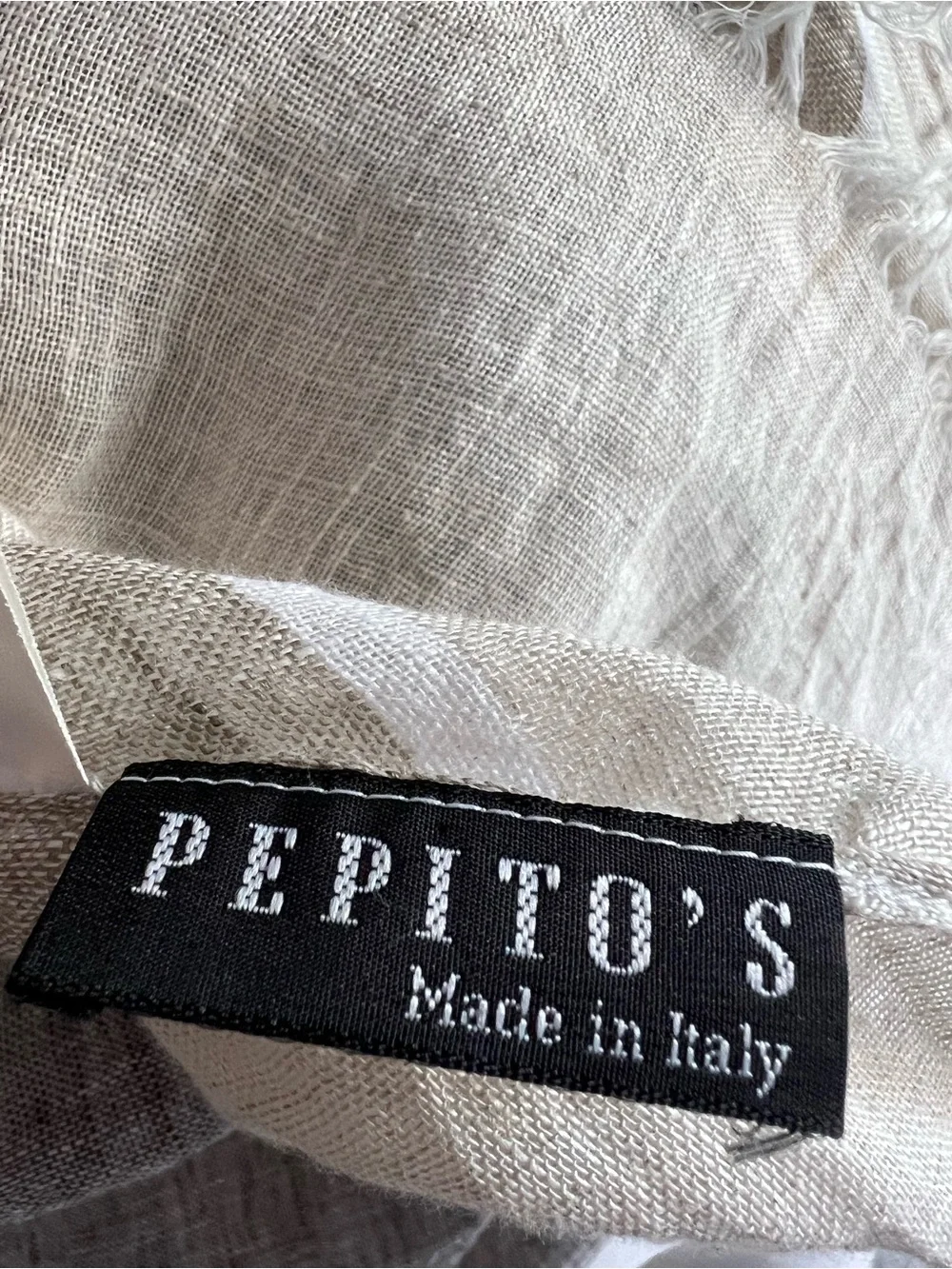 Pepito’s 100% Linen Scarf Made in Italy Lightweight White and Taupe Woven Shawl